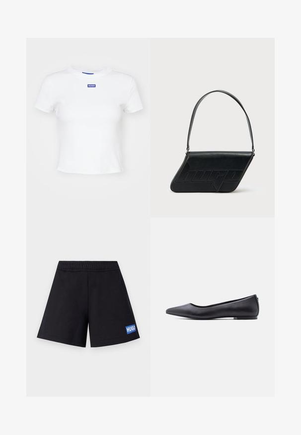 Camiseta de algodón blanca con mangas cortas, escote redondo y un parche rectangular azul con el logo "HUGO" en el centro delantero.; Pantalones cortos negros de corte relajado, con cintura elástica y logo azul "HUGO" en el muslo izquierdo; fabricados con material suave y transpirable.; Zapato plano de cuero negro con punta puntiaguda y tacón bajo, mostrado de perfil contra un fondo blanco.; Bolso de hombro de cuero negro con forma triangular, logo en relieve y una sola correa ajustable. Diseño minimalista con textura suave.