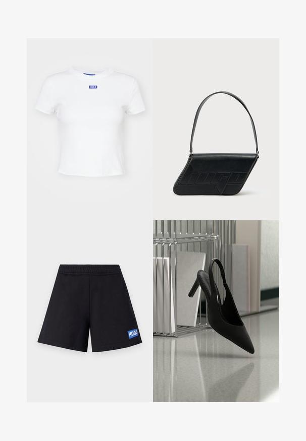 Hvid bomulds t-shirt med korte ærmer, rund halsudskæring og et blåt rektangulært logo-patch med teksten "HUGO" midt foran.; Sorte shorts med en afslappet pasform, elastisk talje og blå "HUGO" logo på venstre lår; lavet af blødt, åndbart materiale.; Sort spids tå slingback højhælet sko svævende i luften over en skinnende gulv med stablede ringbind i baggrunden.; Sort skuldertaske i læder med trekantet form, præget logo og en enkelt justerbar rem. Minimalistisk design med glat tekstur.