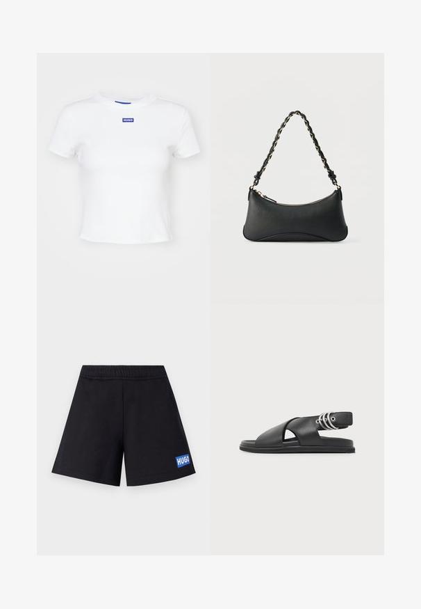Hvid bomulds t-shirt med korte ærmer, rund halsudskæring og et blåt rektangulært logo-patch med teksten "HUGO" midt foran.; Sorte shorts med en afslappet pasform, elastisk talje og blå "HUGO" logo på venstre lår; lavet af blødt, åndbart materiale.; Sort lædersandal med brede krydsede remme, flad sål og metalringe på ankleremmen.; Sort skuldertaske i læder med en buet rektangulær form, gyldent kæde vævet ind i en flettet sort rem og toplynlås.
