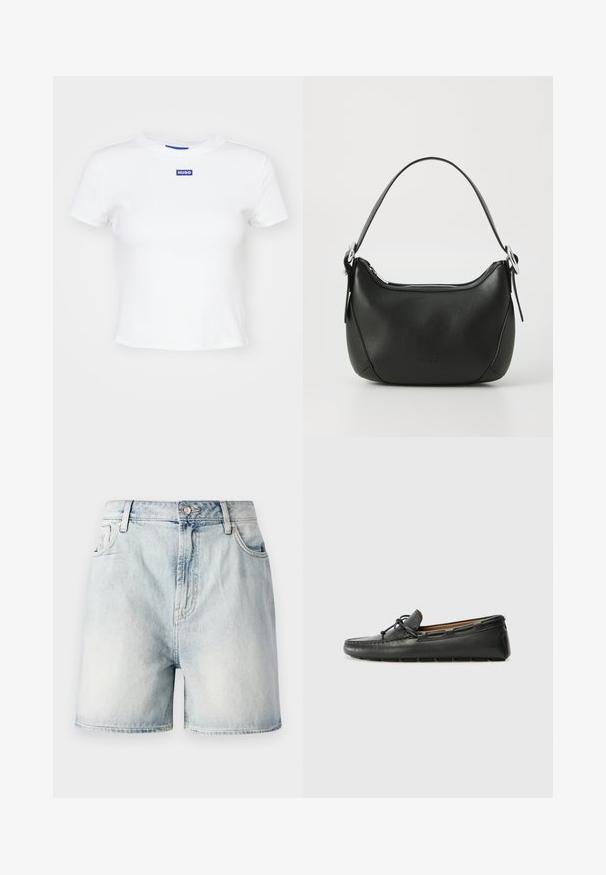 Weißes Baumwoll-T-Shirt mit kurzen Ärmeln, Rundhalsausschnitt und einem blauen rechteckigen Logopatch mit der Aufschrift "HUGO" auf der Vorderseite in der Mitte.; Hellblaue Jeansshorts mit einem Knopfverschluss, fünf Taschen und einer verwaschenen Textur. Gerader Schnitt mit klassischem Design.; Schwarze Lederbootsschuhe mit rundem Zehenbereich, gestickten Details, kleinem Schleifenakzent und Gummisohle. Glatte Textur und schlankes Design.; Schwarze Ledertasche mit geschwungener Form, silbernem Reißverschluss und kurzem Griff. Verfügt über ein dezentes Logo auf der Vorderseite und eine glatte Textur.