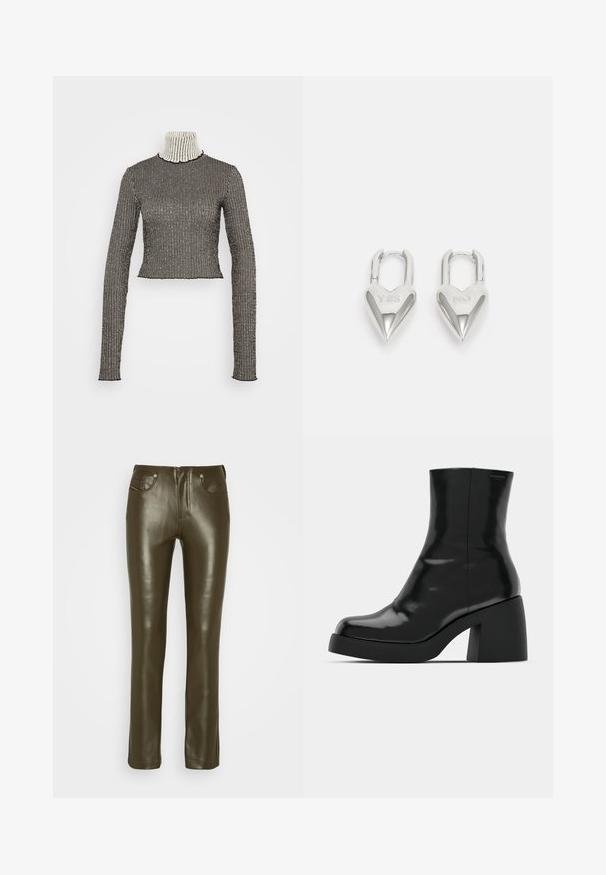Haut à col roulé à rayures noires et blanches avec des manches longues, fabriqué en tissu côtelé ; présente une longueur cropped et un motif texturé subtil.; Pantalon en cuir vert olive avec une coupe slim, design à cinq poches, fermeture classique avec bouton et zip. Texture lisse et coupe droite.; Bottines noires à finition brillante, bout carré et épais talon bloc. Le design présente une silhouette homogène et un branding minimal.; Cadenas en forme de cœur en argent avec les inscriptions gravées "OUI" et "NON", finition polie, design symétrique et un robuste fermoir en métal.