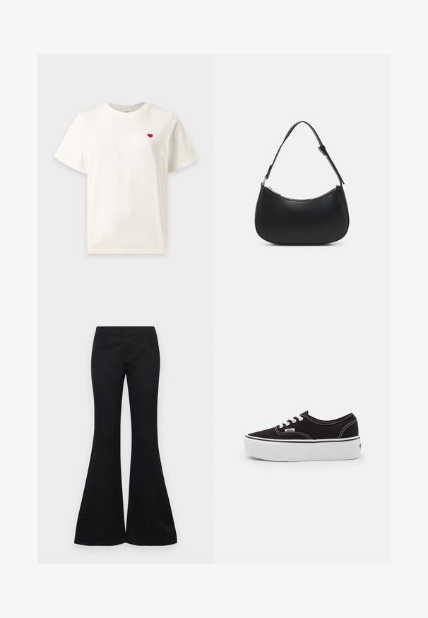 T-shirt blanc uni à manches courtes avec un petit cœur rouge brodé sur la poitrine gauche.; Pantalons évasés noirs en tissu lisse, dotés d'un haut ajusté et de jambes larges, sans ornements visibles ni poches.; Baskets en toile noires avec une semelle en caoutchouc blanc, dotées de lacets et de coutures blanches, marquage emblématique sur le côté, design basse.; Pieces PCALUANA SHOULDER BAG - Sac à main - black