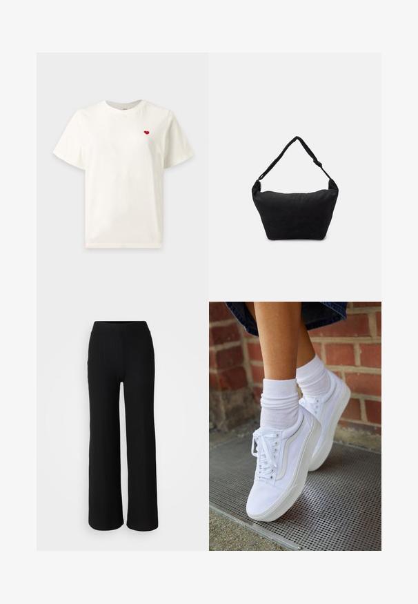 T-shirt blanc uni à manches courtes avec un petit cœur rouge brodé sur la poitrine gauche.; Pantalons en maille côtelée noire avec une coupe évasée et une taille élastique, présentant une texture lisse et un style minimaliste.; Baskets en toile blanches avec semelles en caoutchouc, dotées de six œillets, d'un bout rond et de détails de couture légers, portées avec des chaussettes blanches mi-mollet.; Sac à épaule en tissu noir avec une surface texturée douce, de forme arrondie et une seule sangle. Design minimaliste sans accessoires ni quincaillerie visibles.