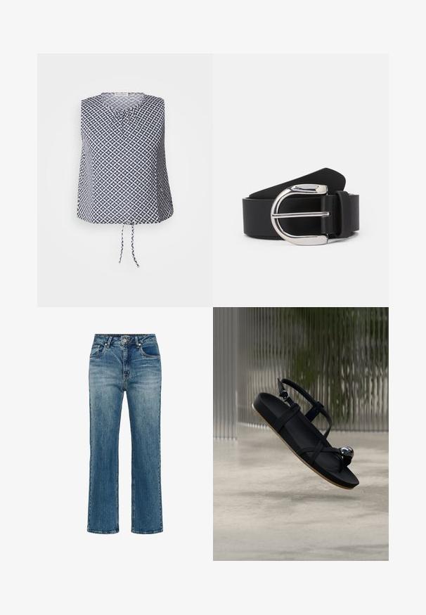 Ärmløs top i marineblå og hvid, med et geometrisk stjernemønster, rund halsudskæring og en bånddetalje i kanten. Blødt, let materiale.; Straight-leg blå denimjeans med forreste knap, lynlås og design med fem lommer, der viser en let falmet struktur.; Sort sandal med krydsede stropper, flad sål og en dekorativ metalaccent. Glat mat tekstur og lys brun ydersål.; Sorte læderbælte med en sølvfarvet metalspænde, der har en glat tekstur og et klassisk design. Remmen er 3,8 cm bred.