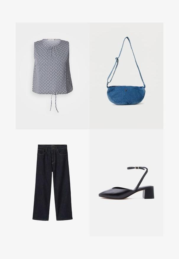 Ärmløs top i marineblå og hvid, med et geometrisk stjernemønster, rund halsudskæring og en bånddetalje i kanten. Blødt, let materiale.; Mørke indigofarvede jeans med vide ben, med frontknap og lynlås, bæltestropper og forlommer, vist på hvid baggrund.; Sort læder sko med lav blokhæl, spids tå og tynd ankelrem med guldfarvet spænde på lys baggrund.; Blå denim crossbody taske med justerbar rem og lille metallisk logo foran, vist mod hvid baggrund.
