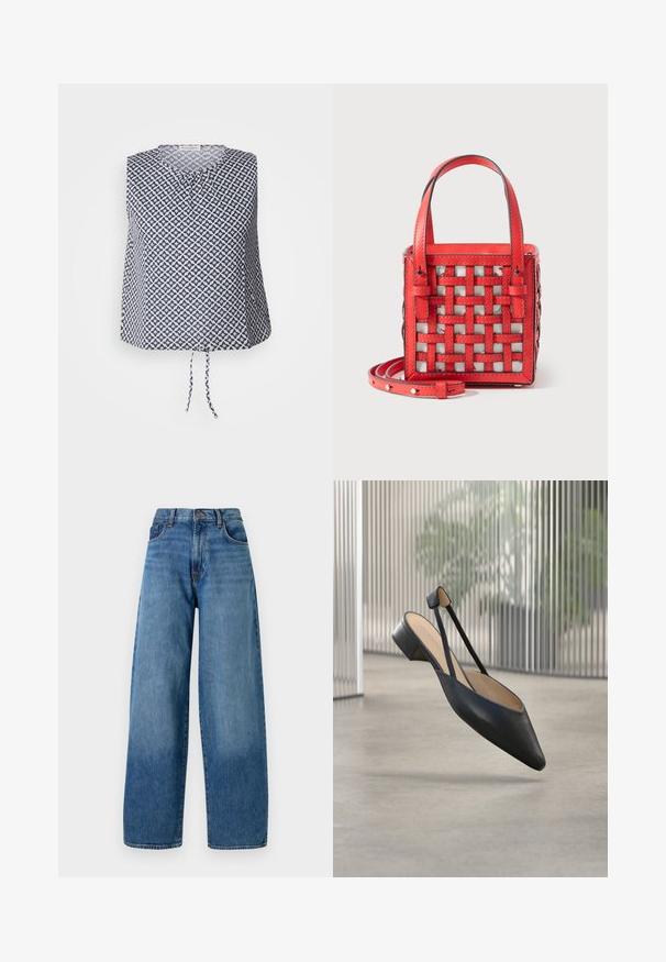 Ärmløs top i marineblå og hvid, med et geometrisk stjernemønster, rund halsudskæring og en bånddetalje i kanten. Blødt, let materiale.; Bredde ben blå denimjeans med et klassisk fem-lomme design. Har en knaplukning og let falmning for tekstur.; Sort læder slingback flad sko med spids tå og lav blokhæl, der svæver over en betongulv indendørs.; Rød vævet læderhåndtaske med dobbelt håndtag og en aftagelig rem, der viser et stoffoer synligt gennem det vævede mønster.