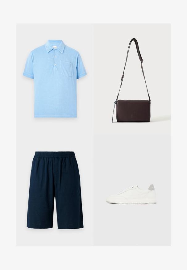 Polo bleu clair à manches courtes avec col, trois boutons et une poche poitrine, présenté sur un fond neutre.; Shorts bleu marine en tissu léger, dotés d'une taille élastique et d'une coupe décontractée, avec deux poches latérales.; Baskets basses blanches avec un onglet de talon gris, des lacets blancs et une semelle texturée, présentées sur un fond uni clair.; Sac bandoulière en cuir marron foncé texturé avec une sangle réglable et un petit accent décoratif bleu sur le côté.