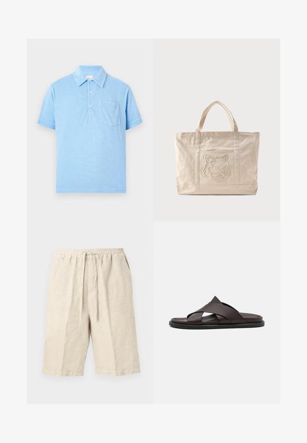 Polo bleu clair à manches courtes avec col, trois boutons et une poche poitrine, présenté sur un fond neutre.; Shorts en lin beige avec une taille élastique, une fermeture à cordon et des poches latérales. Caractérisés par une coupe décontractée et une texture douce.; Stuart Weitzman BERKLEY - Mules - espresso; Sac fourre-tout en toile beige avec doubles anses et un motif en relief de tête de loup sur la poche avant.