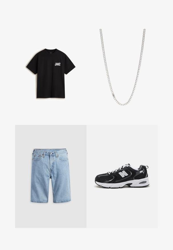 Vans CHAOS - T-shirts print - black; Lyseblå denimshorts med forlommer, bæltestropper og knaplukning på en ensfarvet lys baggrund.; Sorte og grå sportssko med mesh og ruskind på overdelen, der har en hvid mellemsål, snørebånd og et iøjnefaldende "N" logo på siden.; Sølv kædedesign med sammenkoblede led, glat tekstur og ensartet rektangulær form. Sikker lukning.