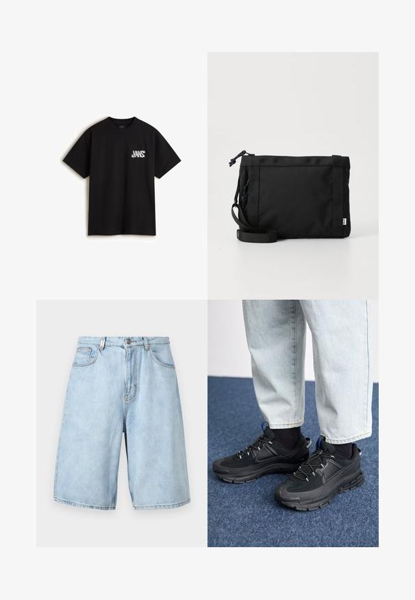Vans CHAOS - T-shirts print - black; Lys blå denimshorts med løs pasform, der har to forlommer, lynlås og synlige stikninger.; Sorte træningssko med tekstureret stof og gummisåler, udstyret med elastiske snørebånd og en blå detalje på hælen. Bæres med lyse denimbukser.; Sort stof skuldertaske med en struktureret overflade, justerbar rem og snørelukning. Har kraftige syninger og et sideetiket.