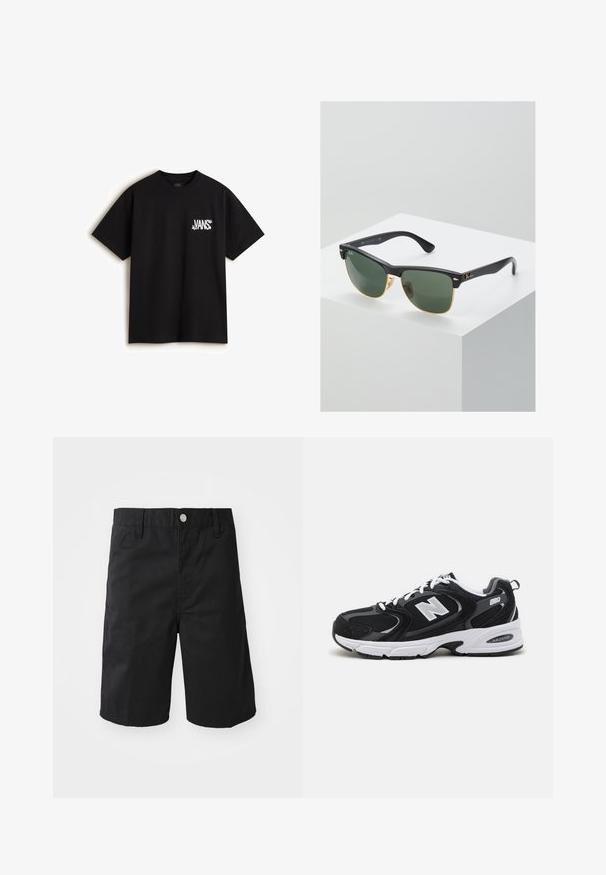 Vans CHAOS - T-shirts print - black; Sorte bomuldsshorts med lige snit, bæltestropper, metalknaplukning og uden synlige mønstre eller accenter.; Sorte og grå sportssko med mesh og ruskind på overdelen, der har en hvid mellemsål, snørebånd og et iøjnefaldende "N" logo på siden.; Ray-Ban solbriller med grønne linser, sorte plastikstel og gyldne detaljer ved kanterne. Firkantet form med mat finish.