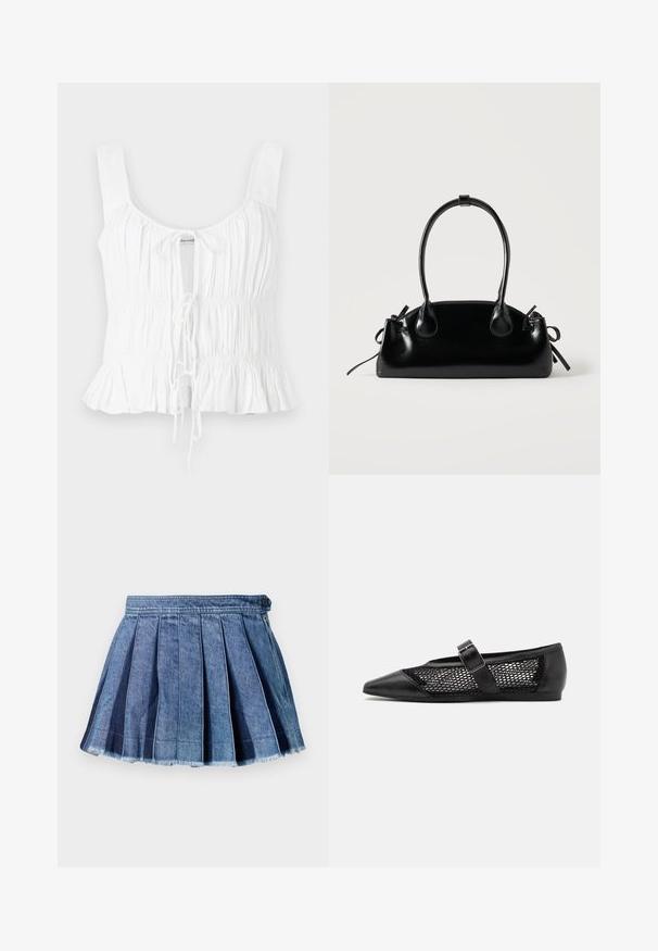 Haut sans manches blanc avec texture froncée, lien avant ajustable et ourlet évasé ; fabriqué en tissu léger.; Mini-jupe plissée en denim bleu avec une fermeture à bouton et une fermeture éclair sur le côté, comportant un détail d'ourlet effiloché.; Chaussure plate noire avec un bout pointu, panneaux latéraux en maille et une sangle avec une boucle décorative. Fini lisse sur les sections du bout et du talon.; Petit sac à main noir brillant avec deux longues anses et des détails à cordon sur les côtés sur un fond clair uni.