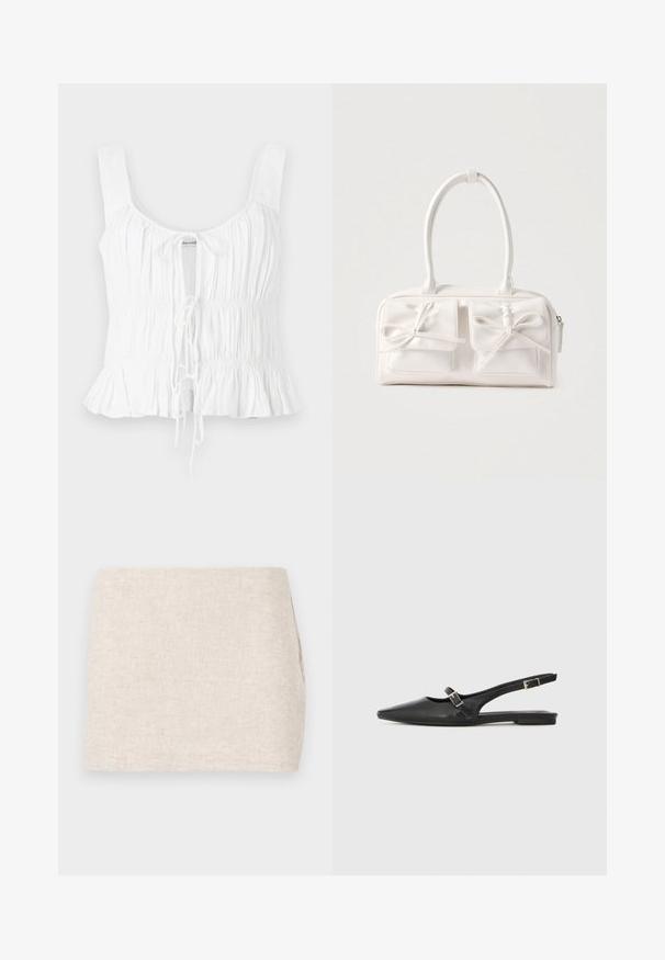 Haut sans manches blanc avec texture froncée, lien avant ajustable et ourlet évasé ; fabriqué en tissu léger.; Jupe en lin beige au design minimaliste, présentant une texture lisse et un tissage subtil. Elle a une coupe droite et simple, sans fermetures visibles.; Chaussures slingback en cuir noir avec un bout pointu, comprenant une lanière étroite et un accent de boucle argentée sur le côté. Semelle plate.; Sac à main synthétique blanc avec deux poches avant, chacune ornée d'un nœud noué. Texture lisse, anses arrondies et fermeture zippée.