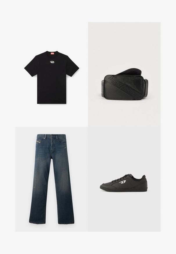 Schwarzes Baumwoll-T-Shirt mit Rundhalsausschnitt und kurzen Ärmeln. Enthält ein kleines, silbernes Logo, das in der Mitte vorne gestickt ist.; Blaue Jeans aus Denim mit einem geraden Bein, verblasster Textur, fransigem Saum und abgenutzten Details an der vorderen Tasche und im Oberschenkelbereich.; Schwarze Sneakers aus synthetischem Material mit einer strukturierten schwarzen Sohle, rundem Zehenbereich und flachen schwarzen Schnürsenkeln. Auffälliges weißes Logo auf der Außenseite.; Schwarzer Gürtel mit strukturiertem Design und einem markanten, eingeprägten Logo. Das Material wirkt glatt mit einem lederähnlichen Finish.