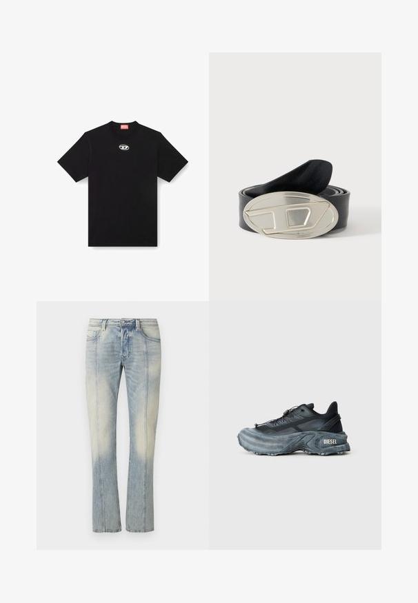 T-shirt en coton noir avec un col rond et des manches courtes. Présente un petit logo en argent brodé au centre avant.; Jean en denim bleu clair avec une coupe droite, couture double, poches avant et finition délavée. Aucun logo visible.; Baskets Diesel noires et grises avec semelle épaisse, système de laçage à bascule et design texturé sur fond gris clair uni.; Ceinture en cuir noir roulé avec une grande boucle ovale argentée présentant un motif géométrique abstrait en relief.