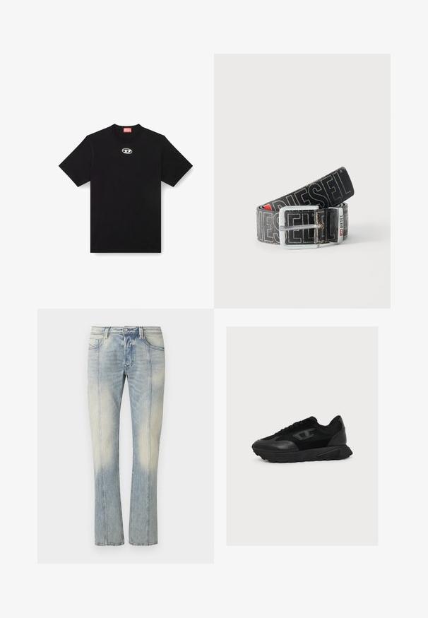 Camiseta de algodón negra con cuello redondo y mangas cortas. Presenta un pequeño logotipo plateado bordado en el centro del frente.; Jeans de mezclilla azul claro con diseño de pierna recta, con costuras dobles, bolsillos frontales y acabado desteñido. Sin marcas visibles.; Zapatilla deportiva negra de corte bajo con parte superior de malla y cuero combinados, cierre de cordones y suela texturizada, mostrada en perfil derecho sobre fondo blanco.; Cinturón negro Diesel con gran texto de logo en blanco, hebilla rectangular plateada y detalle de la anilla metálica con marca, enrollado sobre un fondo claro.