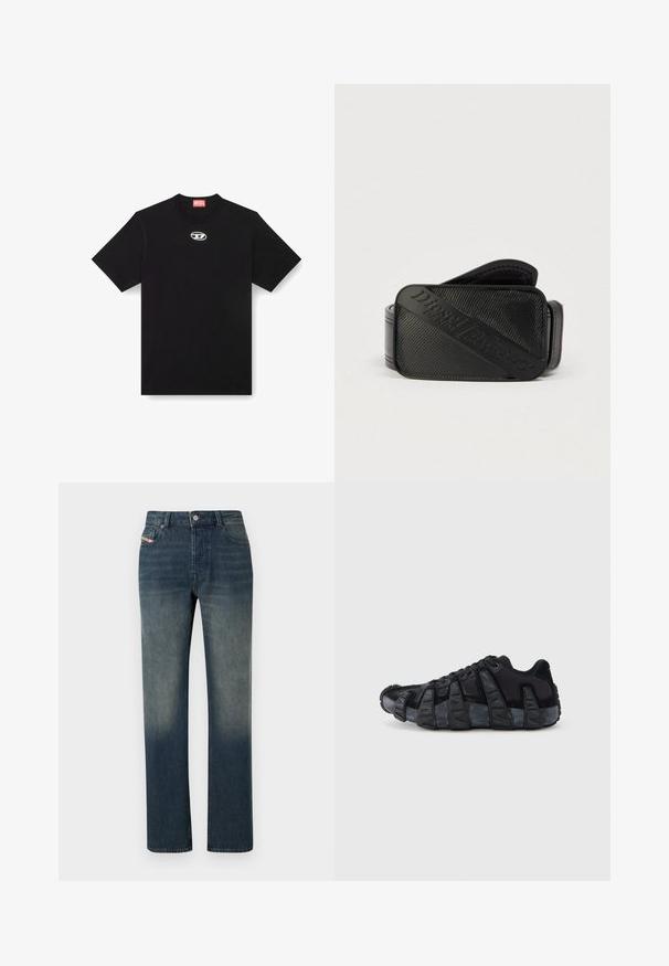Zwarte katoenen t-shirt met een ronde halslijn en korte mouwen. Heeft een klein, zilver logo geborduurd in het midden van de voorkant.; Blauwe denim jeans met rechte pijpen, een vervaagde wassing, knoop- en ritssluiting aan de voorkant, en een ontwerp met vijf zakken.; Zwarte sneaker met een opvallende geribbelde zool, veterontwerp en een bovenwerk van gemengd textiel en suède, weergegeven vanaf de buitenkant op een witte achtergrond.; Zwarte riem met een gestructureerd ontwerp en een opvallend geperst logo. Het materiaal lijkt glad met een lederachtige afwerking.