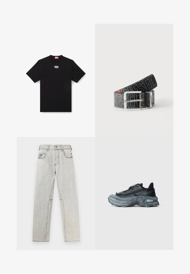 T-shirt en coton noir avec un col rond et des manches courtes. Présente un petit logo en argent brodé au centre avant.; Jean en denim bleu clair coupe droite, avec des coutures contrastées, deux poches avant et des détails usés sur le tissu.; Baskets Diesel noires et grises avec semelle épaisse, système de laçage à bascule et design texturé sur fond gris clair uni.; Ceinture noire Diesel avec grand texte logo blanc, boucle rectangulaire en argent, et détail de boucle métallique brandée, enroulée sur un fond clair.