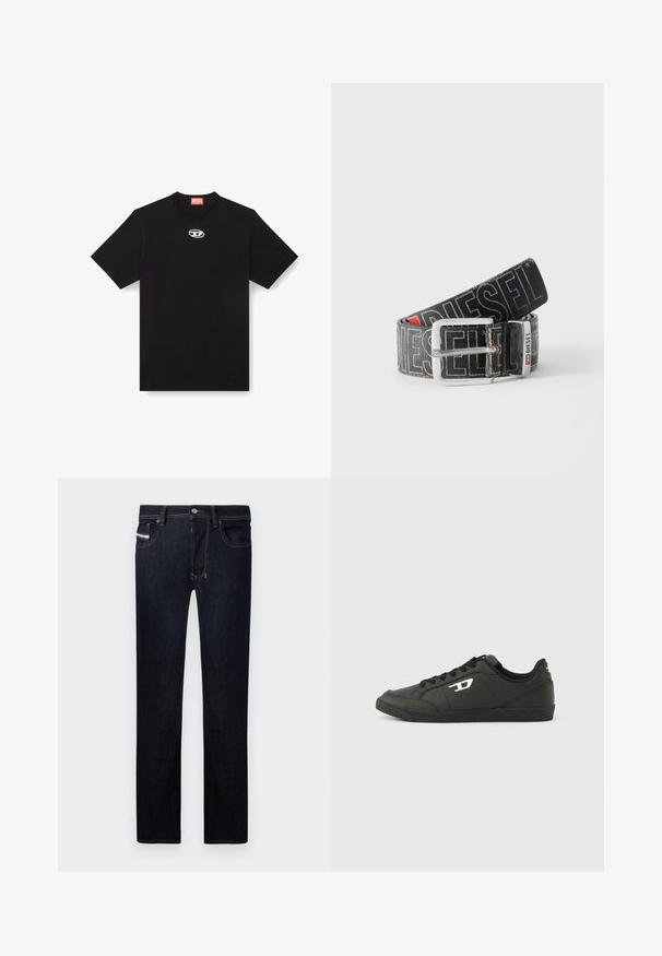 Camiseta de algodón negra con cuello redondo y mangas cortas. Presenta un pequeño logotipo plateado bordado en el centro del frente.; Pantalones vaqueros de mezclilla azul oscuro con corte recto, que cuentan con cinco bolsillos, costuras en contraste y cierre de botón metálico.; Zapatillas deportivas negras sintéticas con suela negra texturizada, puntera redonda y cordones planos negros. Destaca un logo blanco en el lateral exterior.; Cinturón negro Diesel con gran texto de logo en blanco, hebilla rectangular plateada y detalle de la anilla metálica con marca, enrollado sobre un fondo claro.