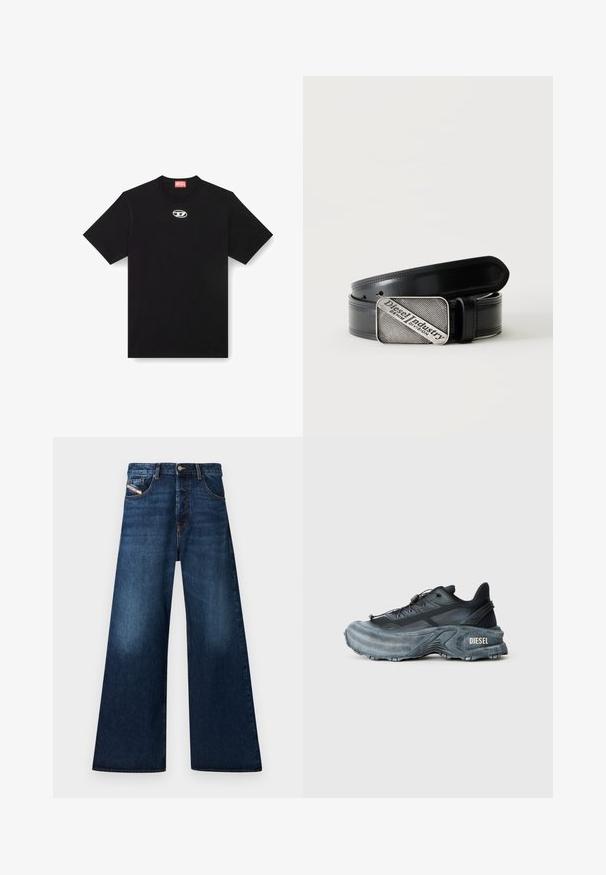 T-shirt en coton noir avec un col rond et des manches courtes. Présente un petit logo en argent brodé au centre avant.; Jean en denim foncé à jambe large et taille haute. Dispose de cinq poches, d'une fermeture à bouton et d'une finition délavée près des cuisses.; Baskets Diesel noires et grises avec semelle épaisse, système de laçage à bascule et design texturé sur fond gris clair uni.; Ceinture en cuir noir avec une boucle rectangulaire argentée portant le texte gravé "Diesel Industry Denim Division" sur un fond clair à rayures.