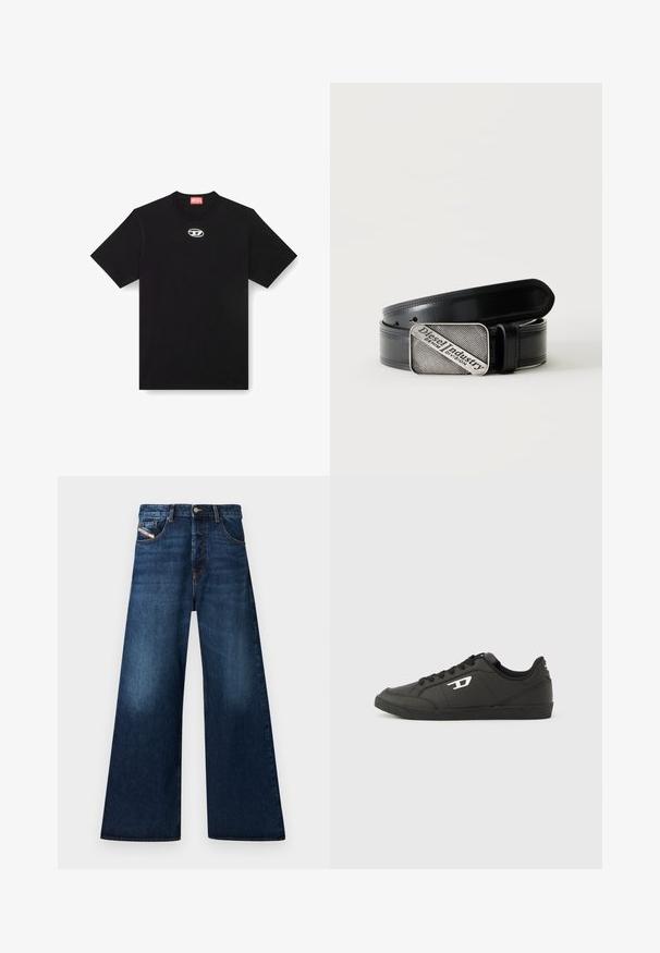 Sort bomulds T-shirt med rund halsudskæring og korte ærmer. Har et lille, sølvfarvet logo broderet på fronten i midten.; Bredde ben mørke denim jeans med høj talje. Har fem lommer, knaplukning og en falmet finish nær lårene.; Sorte syntetiske sneakers med en struktureret sort sål, rund tå og flade sorte snørebånd. Fremtrædende hvidt logo på ydersiden.; Sort læderbælte med rektangulært sølvspænde med indgraveret teksten "Diesel Industry Denim Division" på en lysstribet baggrund.