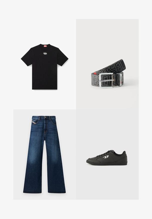 Schwarzes Baumwoll-T-Shirt mit Rundhalsausschnitt und kurzen Ärmeln. Enthält ein kleines, silbernes Logo, das in der Mitte vorne gestickt ist.; Weite, dunkle Denim-Jeans mit hohem Bund. Mit fünf Taschen, einem Knopfverschluss und einem abgeriebenen Finish near den Oberschenkeln.; Schwarze Sneakers aus synthetischem Material mit einer strukturierten schwarzen Sohle, rundem Zehenbereich und flachen schwarzen Schnürsenkeln. Auffälliges weißes Logo auf der Außenseite.; Schwarzer Diesel-Gürtel mit großem weißen Logotext, rechteckiger silberner Schnalle und gebrandetem Metallschlaufen-Detail, aufgewickelt auf hellem Hintergrund.
