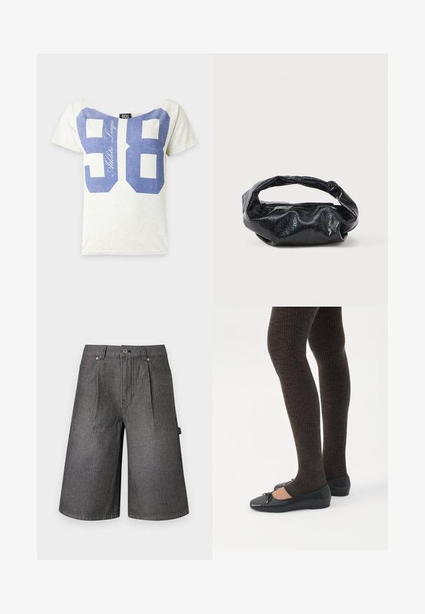 Λευκό T-shirt με κοντά μανίκια, μεγάλο μπλε αριθμό 98 και κείμενο "Athletic League" στην πρόσοψη.; Γκρι τζιν σορτς μήκους μέχρι το γόνατο με μπροστινές τσέπες, θηλιές για ζώνη, κούμπωμα με κουμπί και πλαϊνή θηλιά για εργαλεία.; Πόδια με σκουρόχρωμα ριμπ κολάν συνδυασμένα με μαύρα μπαλαρίνα παπούτσια με μικρές λεπτομέρειες φιόγκων σε λευκό φόντο.; Μαύρη τσάντα φτιαγμένη από γυαλιστερό, υφασμάτινο υλικό με κυκλική, στροβιλισμένη λαβή και κλείσιμο με φερμουάρ. Διαθέτει ένα μαλακό, ζαρωμένο σχέδιο.