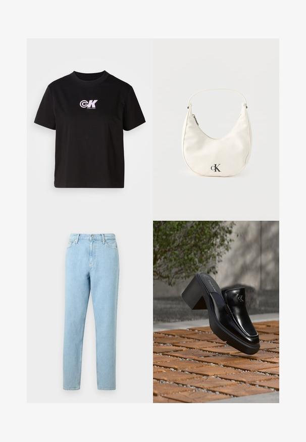 T-shirt en coton noir avec encolure ronde et manches courtes. Présente un logo "CK" blanc et rose sur le coin supérieur gauche de la poitrine.; Jeans en denim bleu clair avec une coupe droite, design à cinq poches et fermeture à bouton. Présente un léger dégradé et une texture lisse.; Mule slip-on en cuir noir Calvin Klein avec talon bloc reposant sur des carreaux en bois à l'extérieur près d'une plante verte et d'un mur gris.; Petit sac à main blanc en forme de croissant avec une courte bandoulière, fermeture éclair et logo "cK" noir sur le devant.