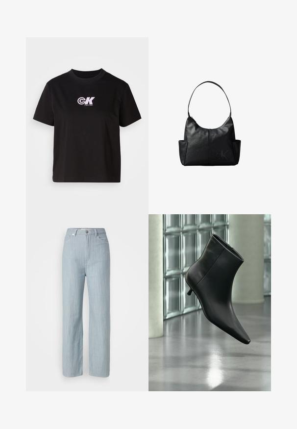T-shirt en coton noir avec encolure ronde et manches courtes. Présente un logo "CK" blanc et rose sur le coin supérieur gauche de la poitrine.; Jean droit en denim bleu clair. Comprend cinq poches, une fermeture à bouton en métal et un léger délavage pour la texture.; Bottine en cuir noir à bout pointu et petit talon kitten, présentée en angle devant un sol poli et un mur en blocs de verre.; Sac à bandoulière en cuir noir avec une seule bandoulière, des poches latérales et un logo Calvin Klein discrètement embossé en bas à droite sur le devant.