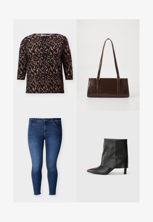 Blusa negra y beige con un patrón, mangas tres cuartos, escote redondo y un ajuste holgado. La tela tiene un aspecto suave y texturizado.; Vaqueros ajustados azules con cierre frontal de botón y cremallera, cinco bolsillos y bajos deshilachados sobre un fondo claro liso.; Botín negro de piel lisa con punta afilada y tacón cónico. La parte superior presenta un diseño ligeramente fruncido.; Bolso de mano de piel sintética marrón con forma rectangular, dos asas largas y sutiles acentos curvados en la parte delantera.