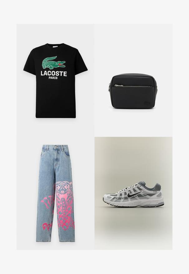 Čierne bavlnené tričko s logom zeleného krokodíla a bielym textom "LACOSTE PARIS". Krátke rukávy a klasický okrúhly výstrih.; Svetlomodré džínsové nohavice s širokými nohavicami s veľkým ružovým grafickým motívom štýlizovaného zvieraťa a slovom "ICECREAM" na prednej pravej nohavici.; Biela a sivá teniska Nike P-6000 s čiernym logom, sieťovinovými panelmi a štruktúrovanou podrážkou, zobrazená v bočnom profile na neutrálnom pozadí.; Čierna nylonová obdĺžniková taška s predným zipsovým vreckom, vyšívaným logom, hladkou textúrou a striebornými hardvérovými prvkami. Kompaktný a minimalistický dizajn.