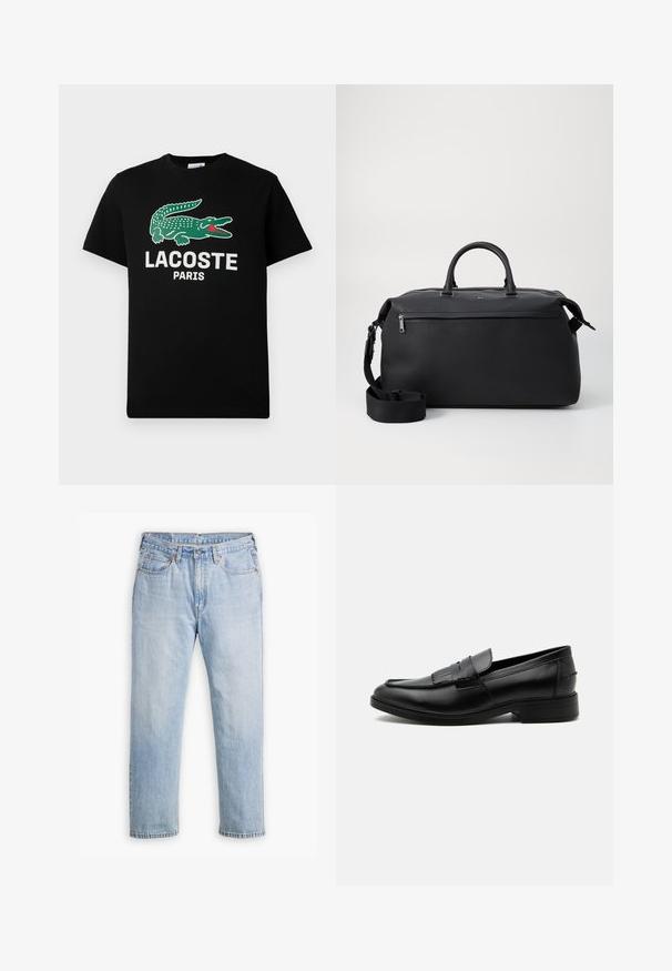 Must must särk mustast puuvillast, kus on roheline krokodilli logo ja valge tekst "LACOSTE PARIS". Lühikesed varrukad ja klassikaline ümmargune kaelus.; Heledad hall sinised teksad sirge sääre disainiga, viie taskuga stiil ja kontrastne õmblus. Kõhukohal nööp ja lukk.; Meeste mustast nahast loafer tassliga, ümar nina, madal konts ja sile poleeritud viimistlus, näidatud poolelt valgel taustal.; Mustast nahast duffel kott kahe ülemise käepideme, eemaldatava õlarihma ja lukuga esikoti lisarakendamisega.