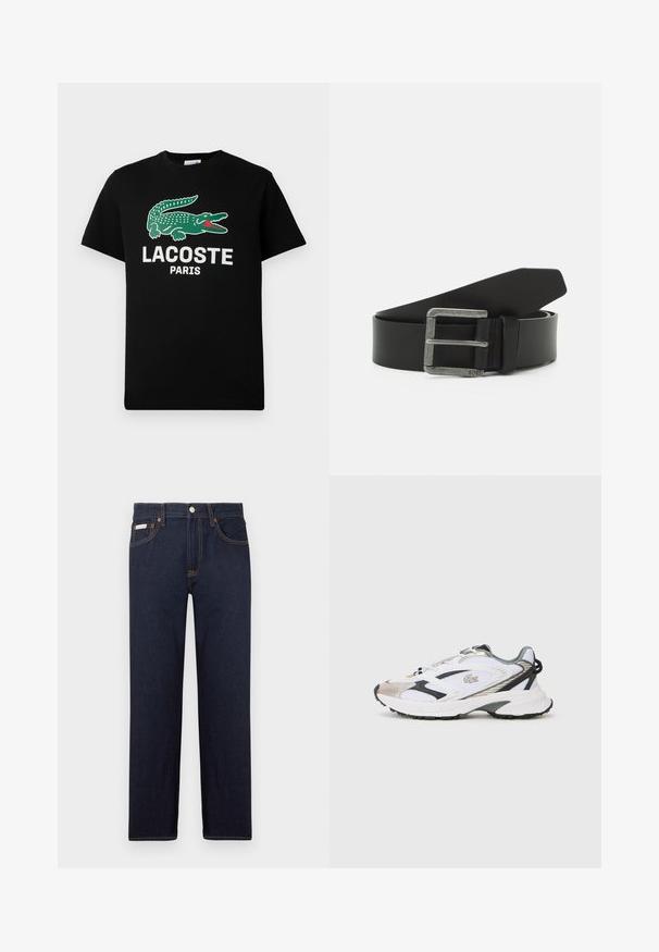 Čierne bavlnené tričko s logom zeleného krokodíla a bielym textom "LACOSTE PARIS". Krátke rukávy a klasický okrúhly výstrih.; Tmavomodré denné džínsy so štandardným strihom, klasickým dizajnom s piatimi vreckami a kontrastným oranžovým prešívaním. Obsahujú kovové zapínanie na gombík.; Biele športové topánky so striebornými a čiernymi akcentmi, sieťovinový zvršok, textúrovaná podrážka a aerodynamický dizajn s logom na boku.; Čierny kožený opasok so štvorcovým strieborným prackou. Má hladkú textúru a jednoduchý dizajn, s ostrým koncom.