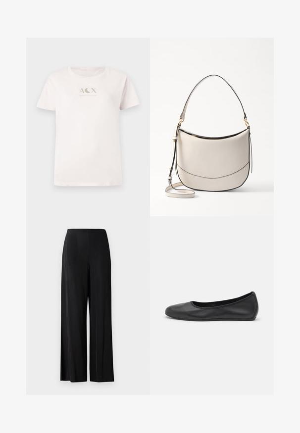 T-shirt en coton rose clair à manches courtes, col rond, ornée d'un logo métallisé argent "ACX ARMANI EXCHANGE" sur le devant.; Pantalons larges noirs en tissu lisse, avec une taille haute et sans poches ni éléments métalliques visibles. Design longueur sol.; Ballerines en cuir noir avec un bout rond, texture lisse, détails de couture minimalistes et design de semelle flexible.; Vanessa Bruno DAILY - Sac à main - ivoire
