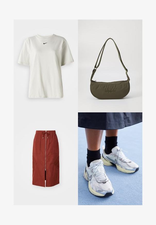 Weißes Baumwoll-T-Shirt mit rundem Halsausschnitt und kurzen Ärmeln. Verfügt über ein kleines schwarzes Nike-Logo auf der Brust. Einfaches und ungeschmücktes Design.; Midikleid in terrakottarot, mit einem Frontreißverschluss, elastischem Bund mit Kordelzug und seitlichen Taschen mit geometrischem Design.; Weiße und silberne Nike-Sneaker aus Mesh-Gewebe, mit reflektierenden Akzenten und einer beigen Sohle. Getragen mit schwarzen Socken und stehend auf einer blauen Fläche.; Olivgrüne Schultertasche mit kurvenförmiger Gestalt, aus weichem Stoff gefertigt, mit einem oberen Reißverschluss, verstellbaren Trägern und geprägtem Logodesign.