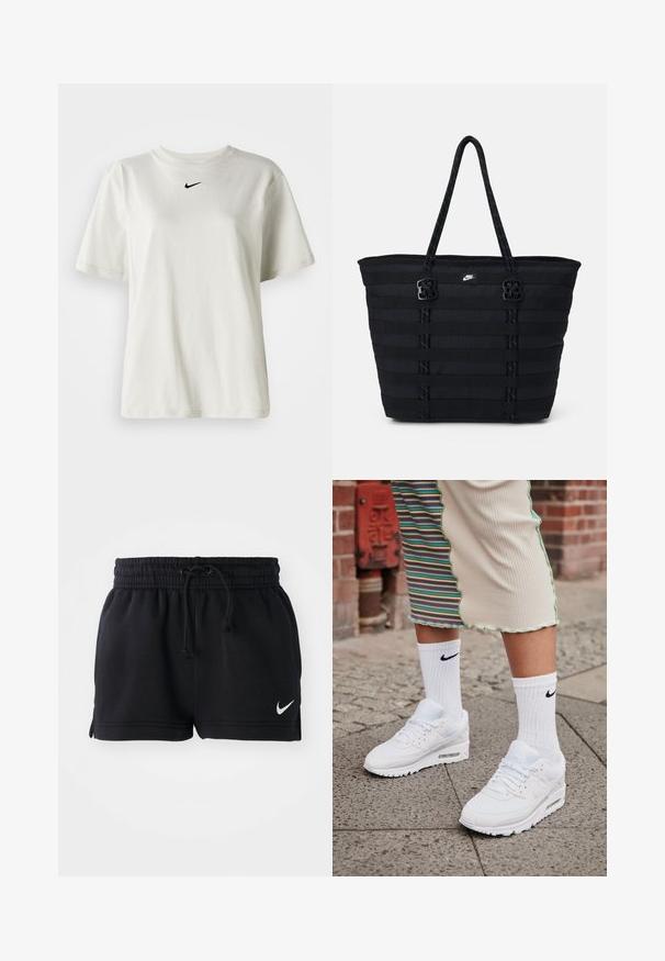 Camiseta de algodón blanca con cuello redondo y mangas cortas. Presenta un pequeño logotipo negro de Nike en el pecho. Diseño sencillo y sin adornos.; Shorts deportivos negros fabricados en tejido suave, con una cintura elástica y cordón, aberturas laterales y un pequeño logo blanco en el dobladillo.; Zapatillas Nike Air Max 90 blancas con parte superior de malla y cuero, que cuentan con una unidad de aire visible, combinadas con calcetines blancos con relieve y logotipo negro.; Bolso tote de nailon negro con diseño de cintas horizontales, asas dobles y dos acentos decorativos de hardware. Pequeño logotipo en la parte frontal.