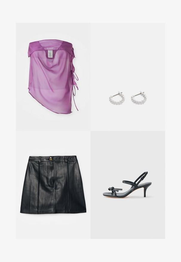 Lila durchsichtige Stoffüberwurf mit lockerer Passform, V-förmigem Ausschnitt und verstellbaren Bindebändern an den Seiten. Glatte Textur mit leichtem Fall.; AERON RUDENS SKIRT - A-Linien-Rock - black; Schwarze Leder-Sandale mit Absatz, dünnen Riemen, einer kleinen Schleifendekoration am Zehenbereich und einem verstellbaren Knöchelriemen mit Schnalle.; Silberne Creolen mit einer Reihe aus klaren, rechteckigen und runden Zirkonia-Steinen, die an der Vorderseite angebracht sind, mit einer glatten, polierten Oberfläche.