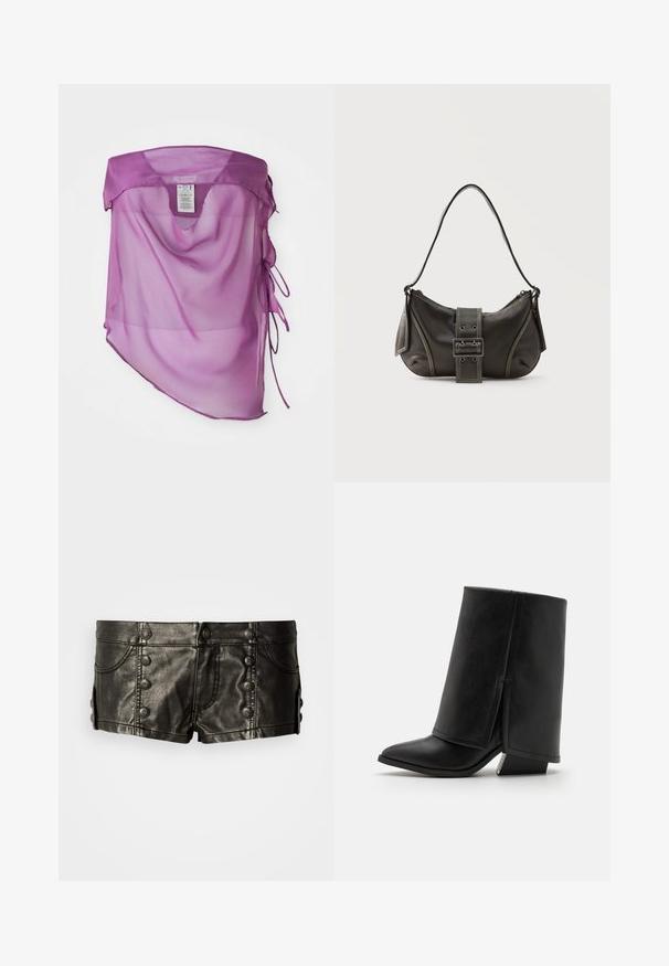 Lila durchsichtige Stoffüberwurf mit lockerer Passform, V-förmigem Ausschnitt und verstellbaren Bindebändern an den Seiten. Glatte Textur mit leichtem Fall.; Schwarze Leder-Low-Rise-Shorts mit dekorativen Metallknöpfen vorne und an den Seiten, mit Fronttaschen und Nahtdetails.; Madden Girl ABILENE - Stiefelette - black paris; Schwarze Leder-Schultertasche mit Schnallengurt-Detail, abgerundeten Kanten und kontrastierenden weißen Nähten auf schlichtem Hintergrund.