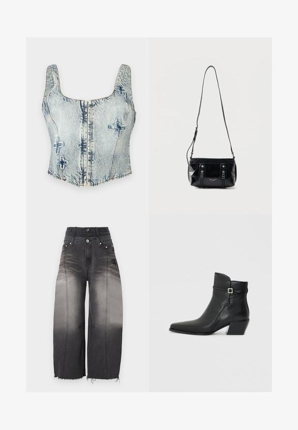 Vaaleansininen denim-croptop, jossa on neliönmuotoinen kaula-aukko, paksut hihnat, etuvetoketju ja koristeompeleet ristikkäin.; Leveälahkeiset mustat farkut, joissa on haalistunut liukuväri, kulutetut yksityiskohdat, korkea vyötärö ja rispaantuneet lahkeet. Viiden taskun malli, jossa metalliset yksityiskohdat.; Mustat nahkasaappaat nilkkapituisilla, teräväkärkisillä, matalalla lohko-oteella ja koristeella, jossa on hopeinen solki. Sileä pinta.; Musta nahkainen olkalaukku säädettävällä hihnalla, kaksi eteen pystysuoraa vetoketjua ja pieni metallinen siipimerkki vetoketjujen alla.