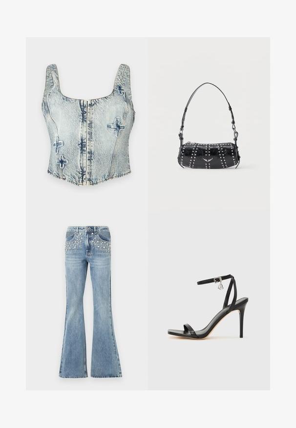 Lichtblauwe denim crop top met vierkante halslijn, dikke schouderbanden, ritssluiting aan de voorkant en decoratieve stiksels in een kruispatroon.; Lichtblauwe uitlopende jeans met zilveren studs die de voorzakken en het bovenbeen verfraaien, voorzien van een klassiek ontwerp met vijf zakken en ritssluiting.; Zwarte sandaal met hoge hak, smalle enkelband, vierkante neus, soepel leermateriaal en metalen gespsluiting.; Zwarte lakleren schoudertas met zilveren studs in verticale rijen en een klein zilveren vogel-embleem in het midden aan de voorkant.