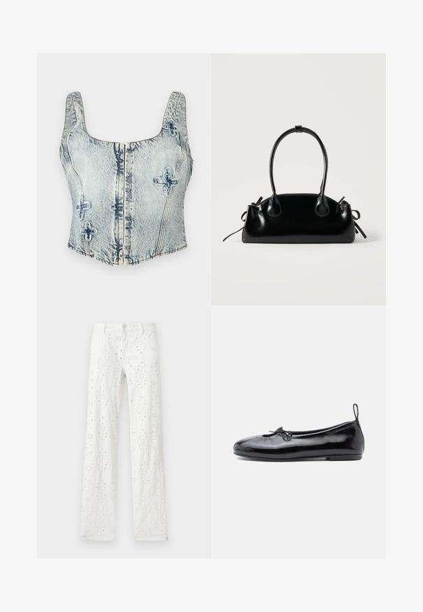 Lichtblauwe denim crop top met vierkante halslijn, dikke schouderbanden, ritssluiting aan de voorkant en decoratieve stiksels in een kruispatroon.; Witte broek met rechte pijpen, bloemrijke opengewerkte borduursels en knoop- en ritsluiting, plat liggend op een lichte achtergrond.; Zwarte gepoetste leren balletschoenen met een ronde neus, een klein strikje en een gladde textuur; heeft een lage platte zool en een lusje aan de hiel.; Kleine zwarte glanzende handtas met twee lange hengsels en zijkant trekkoord details op een effen lichte achtergrond.