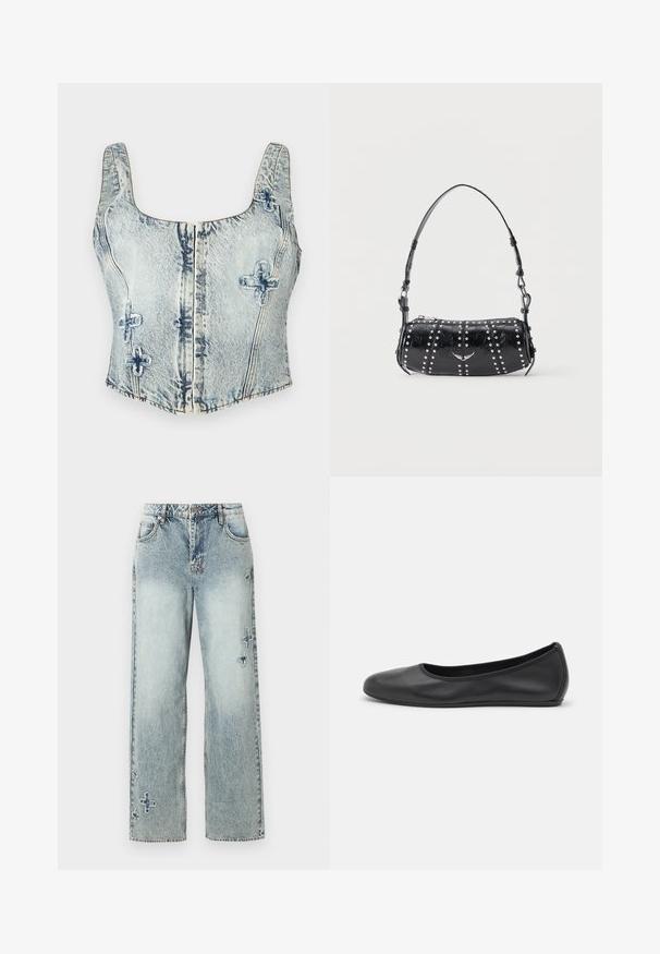Vaaleansininen denim-croptop, jossa on neliönmuotoinen kaula-aukko, paksut hihnat, etuvetoketju ja koristeompeleet ristikkäin.; Vaaleansiniset farkut suoranlahkeiset, joissa on näkyvää ommelta ja koristeellisia ristikkäismalleja edessä.; Musta nahkainen ballerina, jossa on pyöristetty kärki, sileä pinta, minimaalinen ommelkoristelu ja joustava pohjamuotoilu.; Musta kiiltävä nahkainen olkalaukku, jossa hopeiset niitit pystysuorissa riveissä ja pieni hopeinen linnunmerkki etukeskellä.