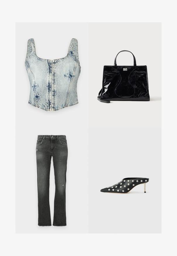 Top en jean court bleu clair avec encolure carrée, bretelles larges, fermeture éclair devant et piqûres décoratives en forme de croix.; Jeans en denim noir avec une coupe droite, présentant des détails subtils d'usure et une disposition classique à cinq poches. Fermeture à bouton standard et passants de ceinture.; STAND STUDIO KELSEY - Mules à talons - black; Sac à main en cuir noir brillant avec poignées courtes, bandoulière amovible et détails de couture discrètement courbés à l’avant.