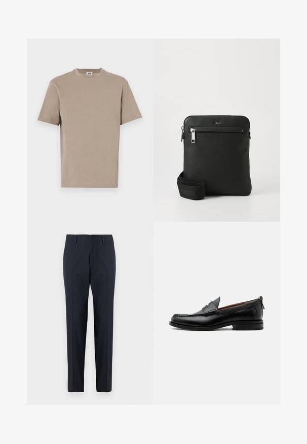Beige bomulds t-shirt med rund hals, korte ærmer og lige kant. Glat tekstur, minimalistisk design, ingen synlige grafik eller accenter.; DRYKORN AJEND - Chino - blue; Sort læder herre loafer med moc-tå syning, penny strop, struktureret krave og lav stablet hæl på hvid baggrund.; Sort læder crossover-taske med fladt design, tekstureret overflade, lynlås, forlomme og justerbar stofrem.