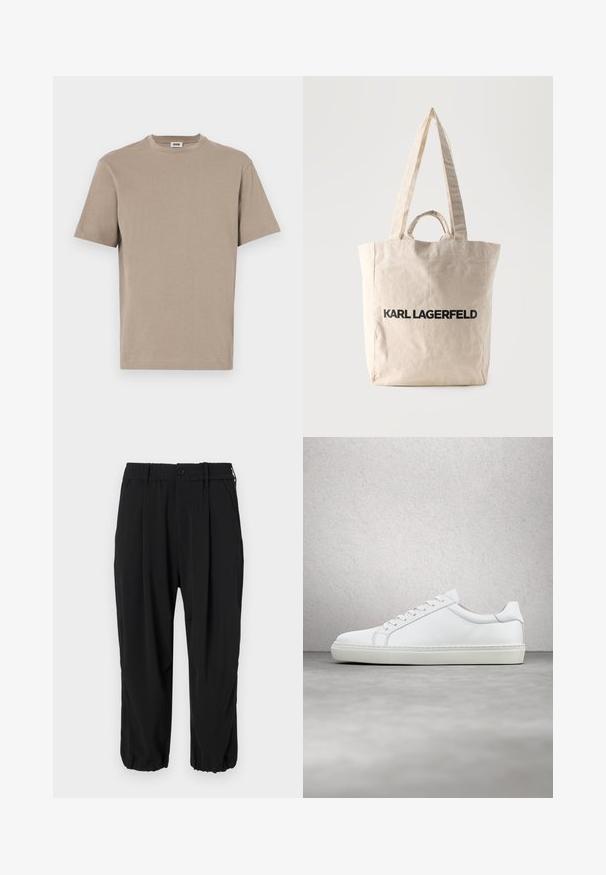 Beige bomulds t-shirt med rund hals, korte ærmer og lige kant. Glat tekstur, minimalistisk design, ingen synlige grafik eller accenter.; Sorte cropped bukser med elastisk talje med knap, sidelommer og en afslappet pasform med manchetter ved anklerne.; Hvide sneakers med en glat læderoverdel og lav profil. Har en rund tå, seks snørehuller og en tekstureret gummisål.; Beige lærredsnettaske med lange og korte håndtag, med teksten "KARL LAGERFELD" trykt i store sorte bogstaver på forsiden.