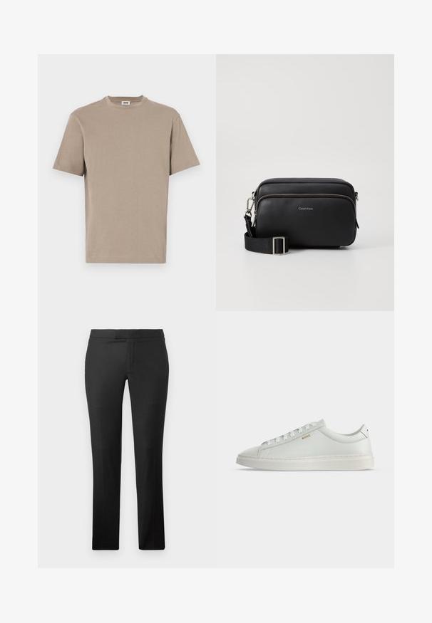 Beige bomulds t-shirt med rund hals, korte ærmer og lige kant. Glat tekstur, minimalistisk design, ingen synlige grafik eller accenter.; Sorte lige bukser lavet af glat stof, med flad front, ingen synlige lommer og et rent talje-design.; Hvid lavtop lædersneakers med snørebånd, flad sål og lille gyldent "BOSS" logo på siden, set fra ydersiden.; Sort læder crossbody taske med to lynlåslommer, struktureret overflade, justerbar rem og sølvhardware detaljer. Calvin Klein-logoet er vist.