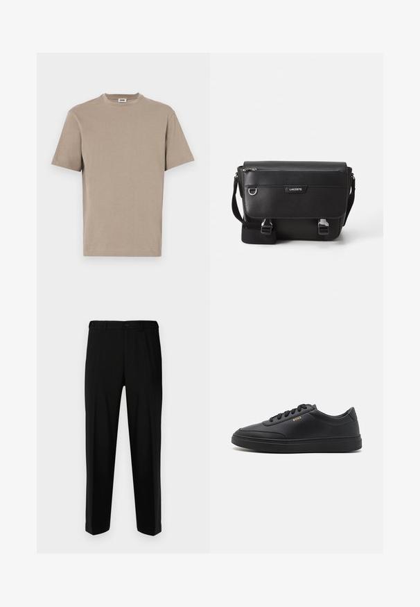 Beige bomulds t-shirt med rund hals, korte ærmer og lige kant. Glat tekstur, minimalistisk design, ingen synlige grafik eller accenter.; Sorte bukser lavet af glat stof, med lige snit, to forlommer og lynlås med knaplukning.; Sorte lædersneakers med en glat overflade, rund tå, flad gummisål og tonede snørebånd. Udstyret med guld "BOSS" branding på siden.; Sort tekstureret Lacoste messengertaske med justerbar rem, frontklap, lynlås lomme og metalspænder.