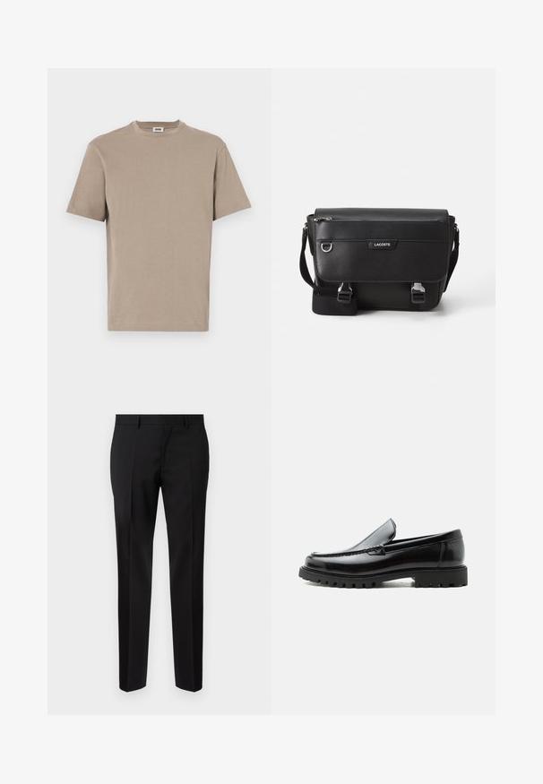 Beige bomulds t-shirt med rund hals, korte ærmer og lige kant. Glat tekstur, minimalistisk design, ingen synlige grafik eller accenter.; Sorte skræddersyede bukser lavet af glat stof, med lige ben, raffinerede folder og en klassisk talje med bæltestropper.; Sort læderloafer med chunky gummisål, syet overdel og præget mærkenavn på hælen, vist i sideprofil på hvid baggrund.; Sort tekstureret Lacoste messengertaske med justerbar rem, frontklap, lynlås lomme og metalspænder.