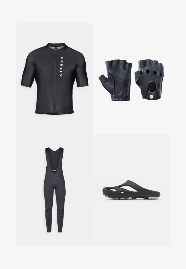 Kurzarm-Radtrikot aus schwarzem, glattem Stoff. Mit einem Reißverschluss an der Vorderseite und "OAKLEY" in Weiß auf der linken Seite bedruckt.; Vaude MENS MATERA WARM - Bib-Tights - black; Keen SHANTI - Pantolette flach - black/dawn blue; Schwarze Lederhandschuhe ohne Finger mit strukturiertem Finish. Zu den Merkmalen gehören vier Fingerlöcher, verstärkte Nähte und ein Druckknopfverschluss.