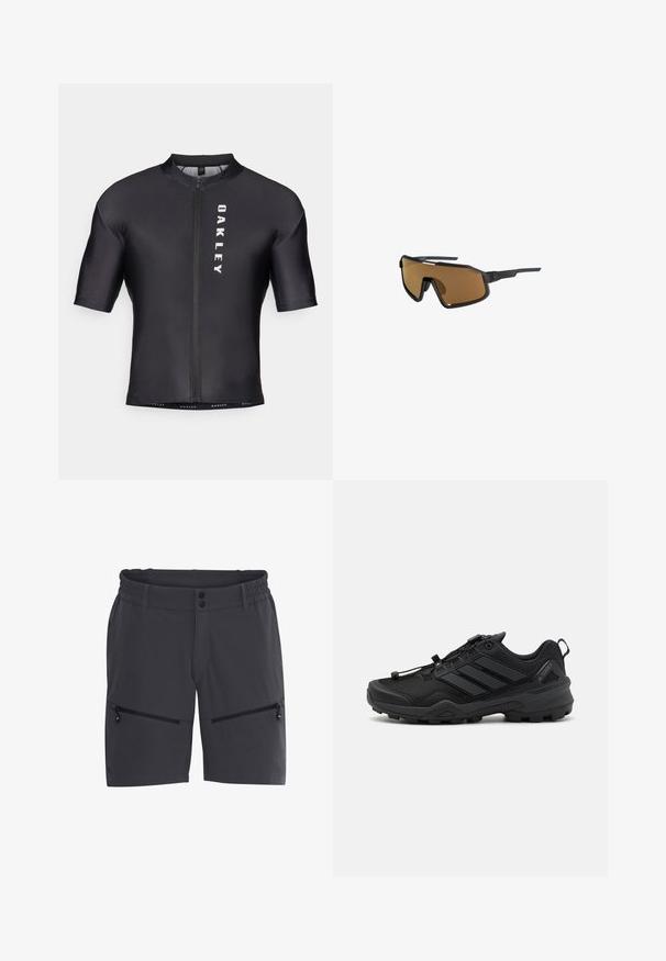 Kurzarm-Radtrikot aus schwarzem, glattem Stoff. Mit einem Reißverschluss an der Vorderseite und "OAKLEY" in Weiß auf der linken Seite bedruckt.; Graue Shorts mit einem elastischen Bund, zwei Reißverschlusstaschen und einer glatten Textur. Verfügt über zwei Knöpfe am Taillenbund zum Schließen.; Schwarzer Sportschuh mit einem strukturierten Mesh-Obermaterial, kontrastierenden synthetischen Akzenten und einer robusten Gummisohle. Verfügt über ein sicheres Schnürsystem und eine hintere Lasche.; Quiksilver SLASH P - POLARISIERTE - Sonnenbrille - smoke gold